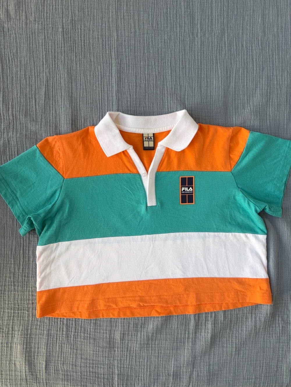 Fila x Devereux Calab Colorblock Cropped Polo — Orange, Teal & White